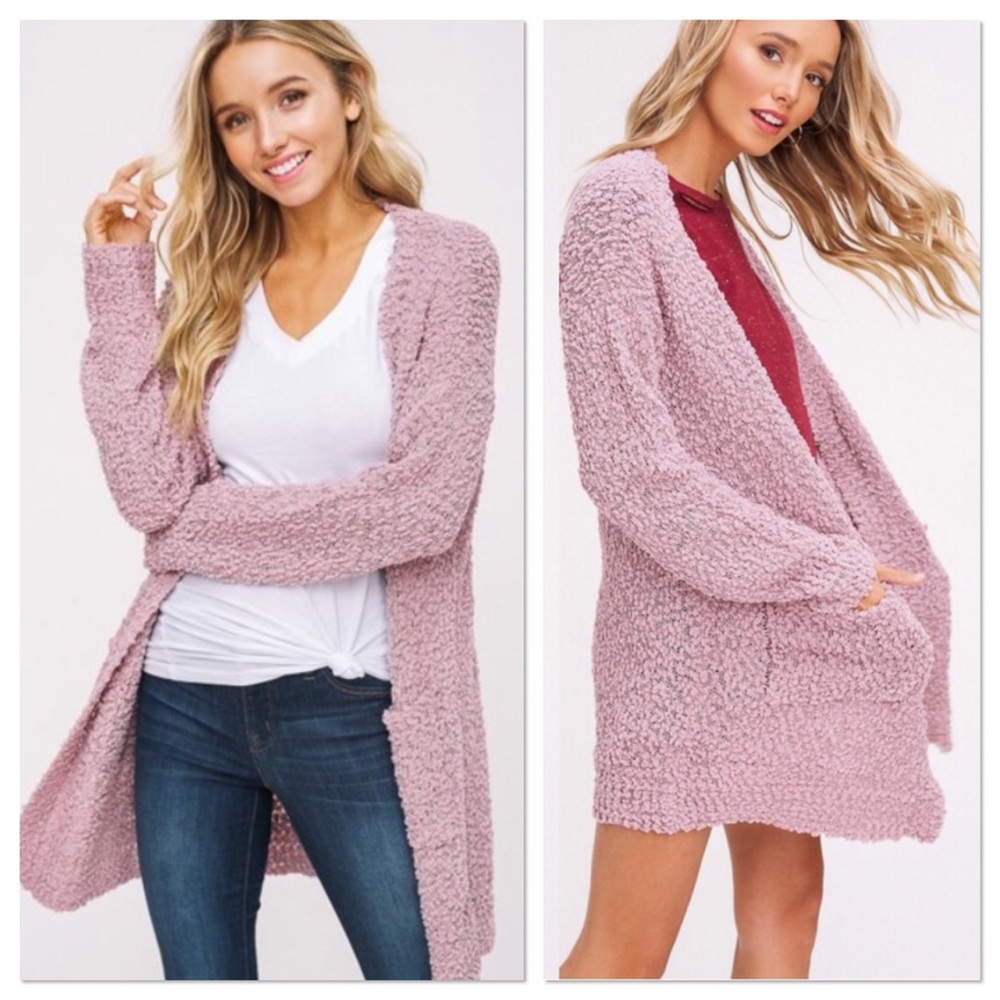 SALE! Mauve Popcorn Chunky Knit Sweater Cardigan - Picture 2 of 6